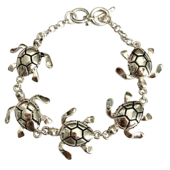 Silver Sea Life Turtle Charm Bracelet Beach Island 7.5" Plated Toggle Clasp - - Picture 1 of 12